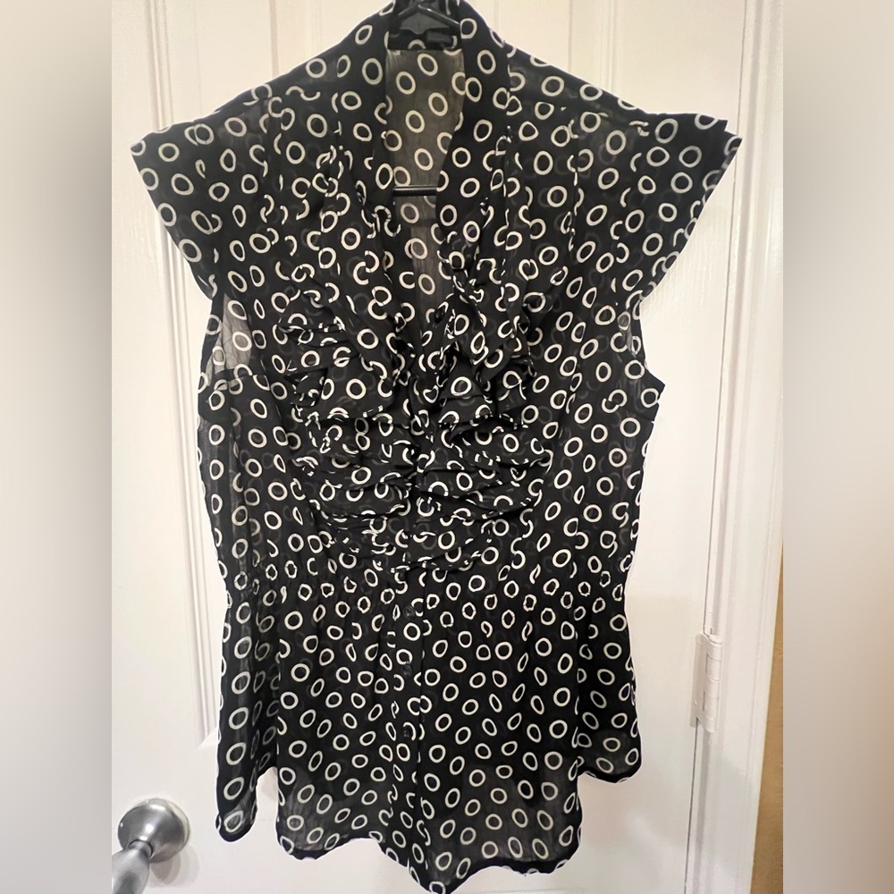 Forever 21 black and white button down top with ruffles, size M